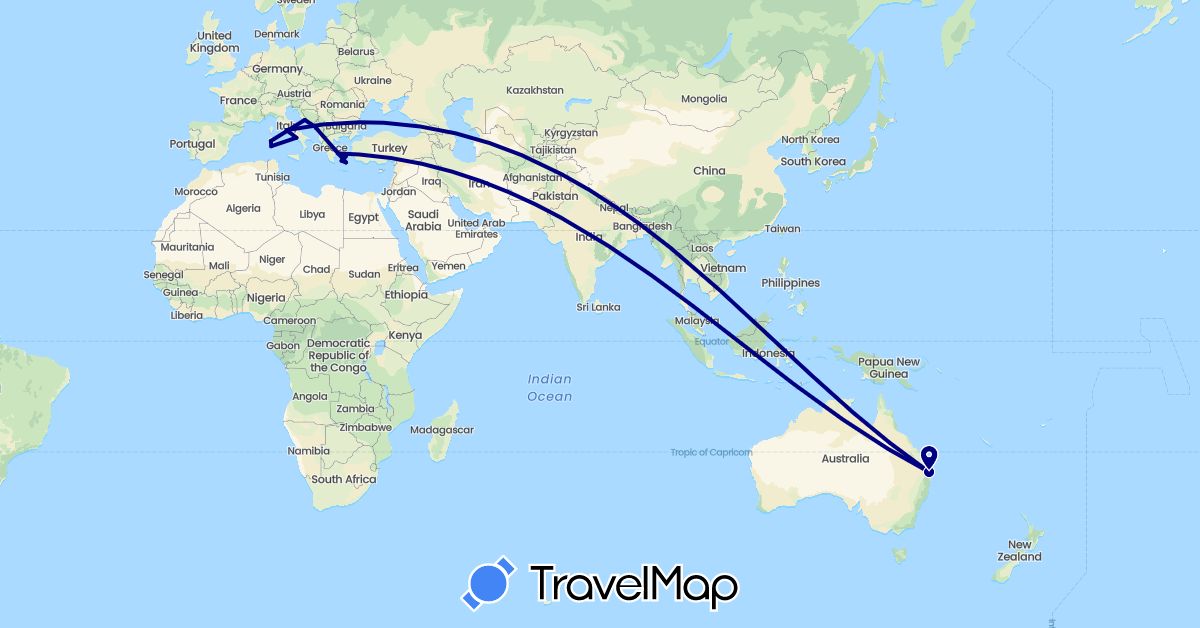 TravelMap itinerary: driving in Australia, Greece, Croatia, Italy, Montenegro (Europe, Oceania)